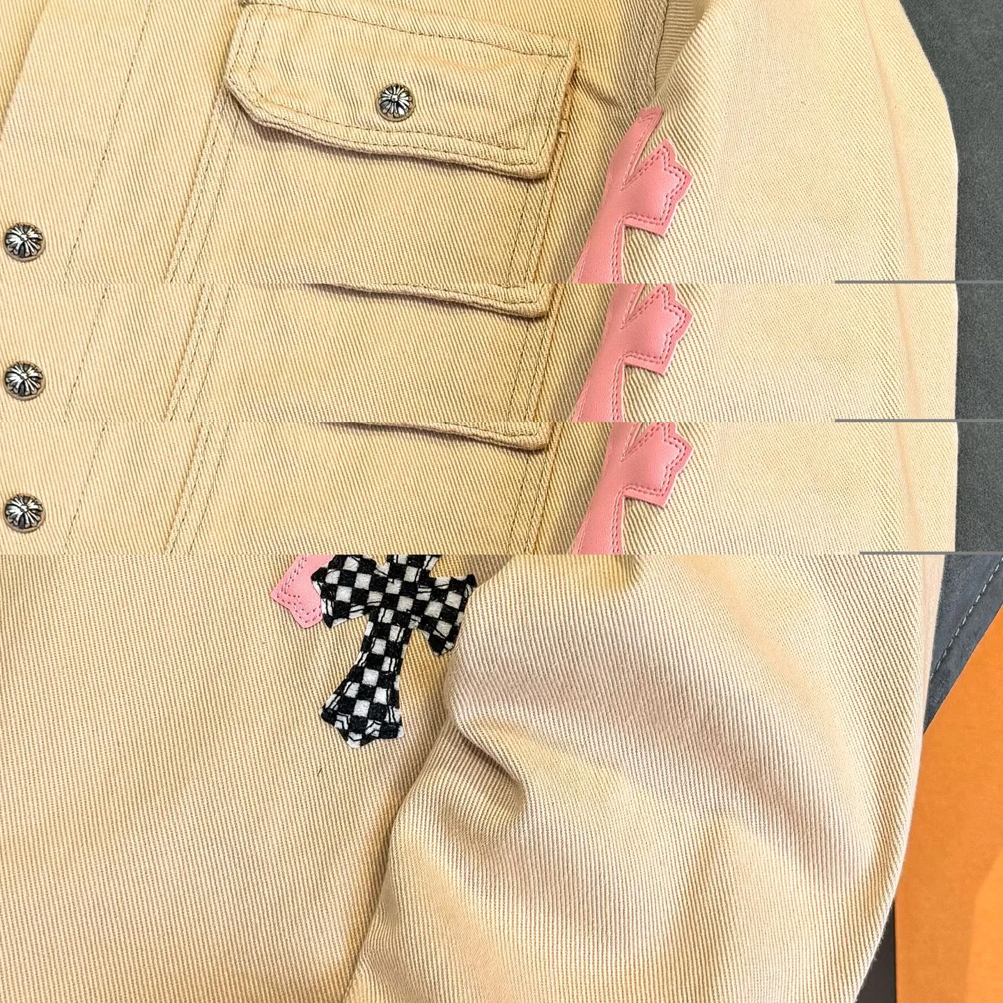 P260 Chrome Hearts丨Chloe Hearts 25ss Cherry Blossom Pink Leather Jacket Same Style for Men and Women WorkDog Pink Leather Jacket, a timeless workwear series. The fabric is made of custom-woven high-density canvas, which took more than two months. It was subsequently lightly coated to give the whole body a glossy look~ Zero color difference was achieved, and the fabric texture details were all in place! The crosses of the accessories are all genuine sheepskin, hand-stitched! The actual texture is better, the upper body is stiff, and it is OK for both men and women. The dark cross leather element has its own aura and can be worn with any outfit to slay the audience! Let you easily control the rate of return! The cross stitching is all lambskin, the inner leather is first-layer calfskin, the hardware is silver-plated, and the details are full. Size: S/M/L/XL Length: 66/68/70/72 Bust: 55/57.5/60/62.5 Shoulder width: 45.5/47.5/49.5/51.5 Sleeve length: 62/63/64/65
